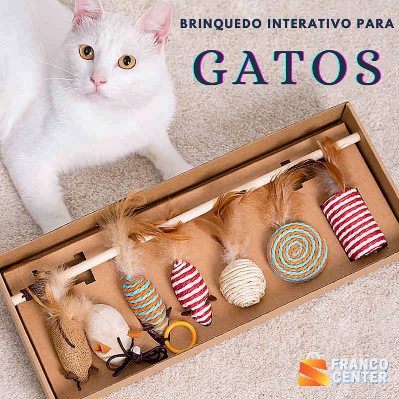 Varinha Interativa de Penas para Gatos - Conjunto de 7 Peças Brinquedo para Pet, Gato, Felinos. Franco Center 